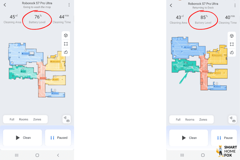 На рисунке показано, как ведет себя аккумулятор Roborock S7 Pro Ultra при различных настройках очистки.